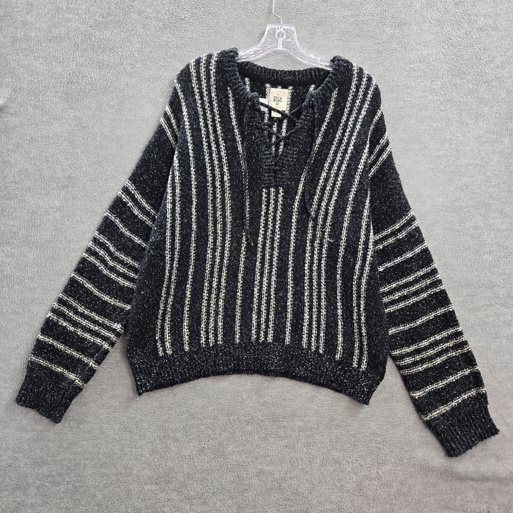 Billabong Women Yeah Bouy Sweater Large Black Striped Long Sleeve Pullover READ